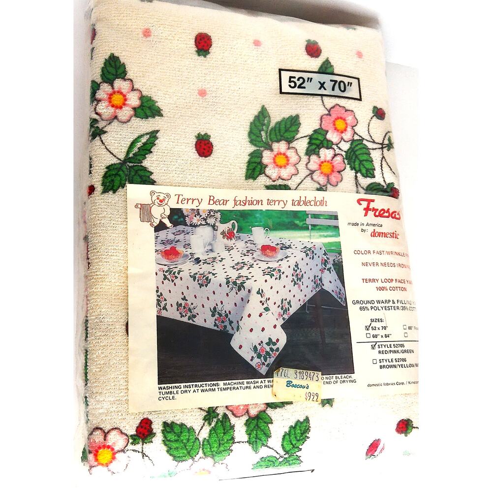 Vintage Fresas Terry Bear Fashion Terry Tablecloth Floral Strawberry 52x70 NEW